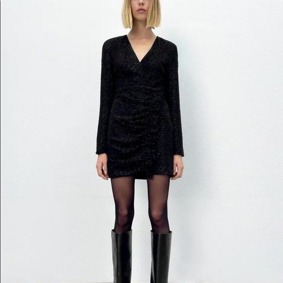 Zara Black Textured Weave Dress with Ruffle Size Small - Picture 6 of 12